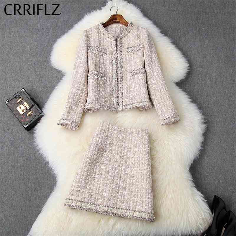 

Winter Women Set Full Sleeve Pocket Beaded Jacket Tweed Tassels Short A-line Skirt 2 Piece Fashion Patry Dress 210520, Pink