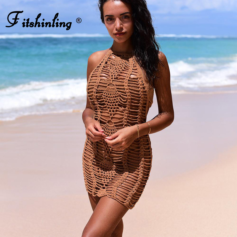 

Fitshinling Baless Beach Cover-Up Swimwear Handmade Crochet Bohemian Dress Vintage Sexy Lace Pareos Strap Slim Holiday Robes