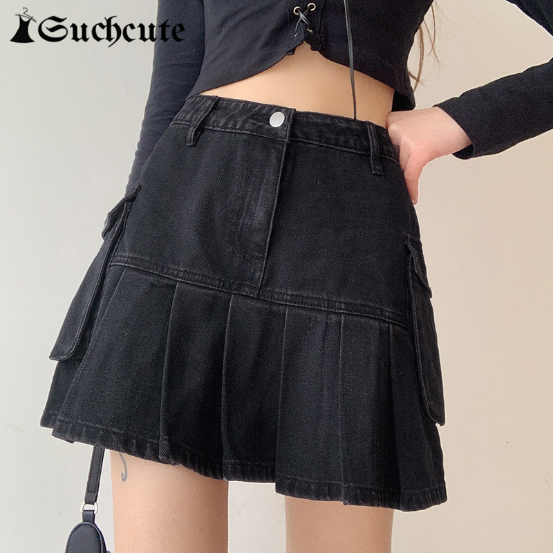 

Casual Dresses Korean Style High Waist A-Line Denim Skirts For Women Big Pocket Gothic Black Pleated Basic Mini Harajuku OZZ2