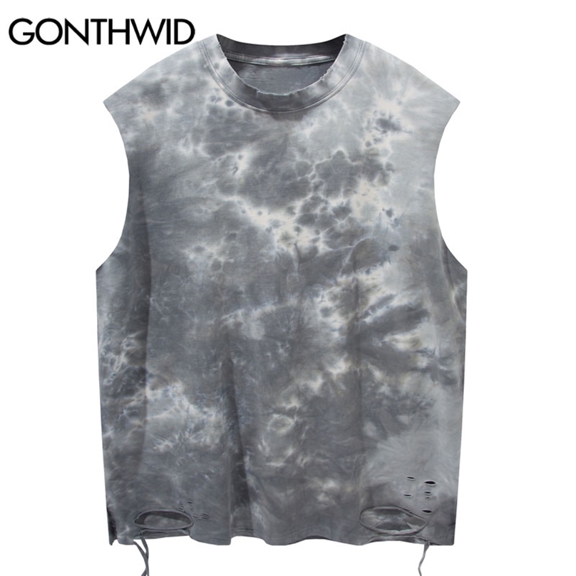

Sleeveless Vest Hip Hop Ripped Distressed Destroyed Holes Tie Dye Tank Tops Harajuku Casual Loose Streetwear Tshirts 210602, Gray