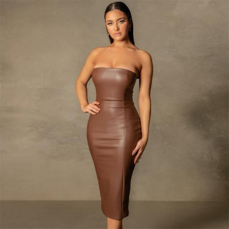 

Women Pu Temperament Strapless Split Dress Solid Color High Waist Fashion Spring Summer 11B077 210525, Black