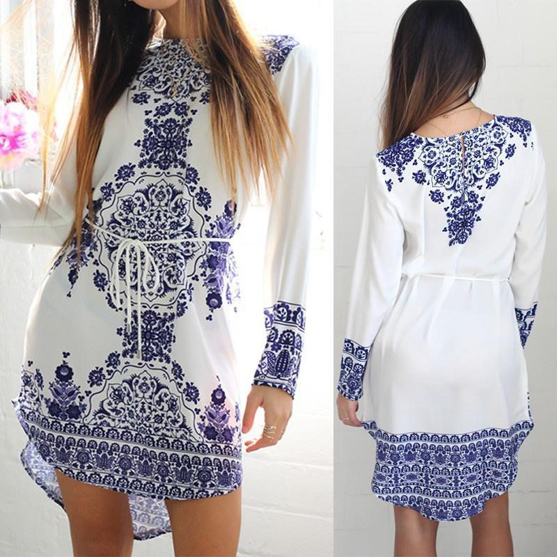 

Casual Dresses Fashion Women Long Sleeve Blue And White Vintage Porcelain Flower Blouse Dress w
