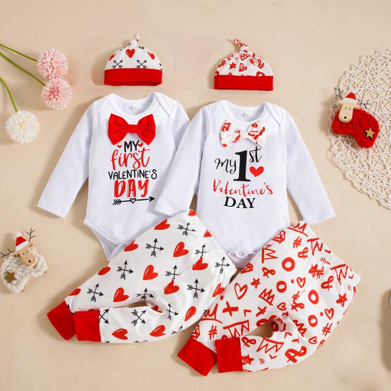 

Clothing Sets My 1st Valentine's Day Toddler Kids Girls Clothes Cute Love Heart Letter Print Long Sleeve Bow Ruffle Pants Hat Set 3PC Outfit, White