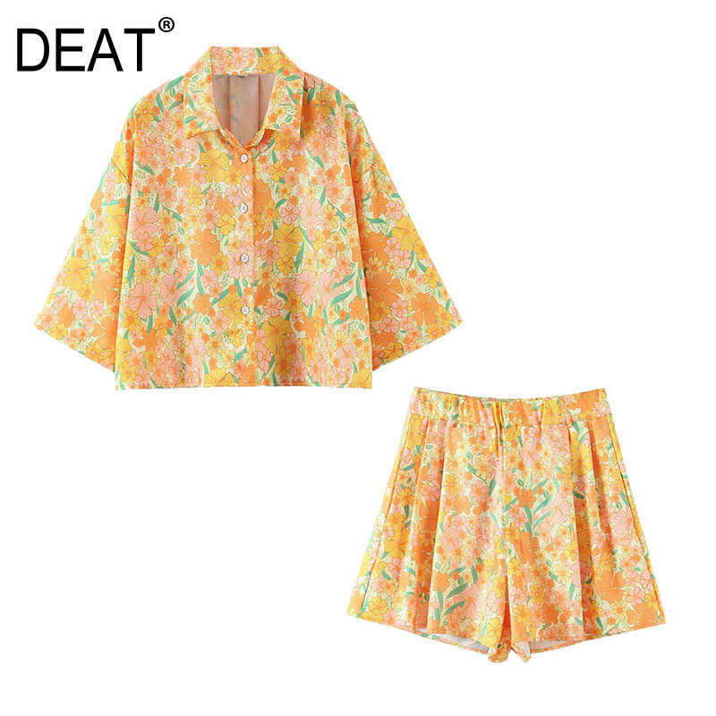 

[DEAT] Summer Fashion Single-breasted Turn-down Collar Short Sleeve Shirt Printing Shorts Women Two-piece Suit 13C683 210527