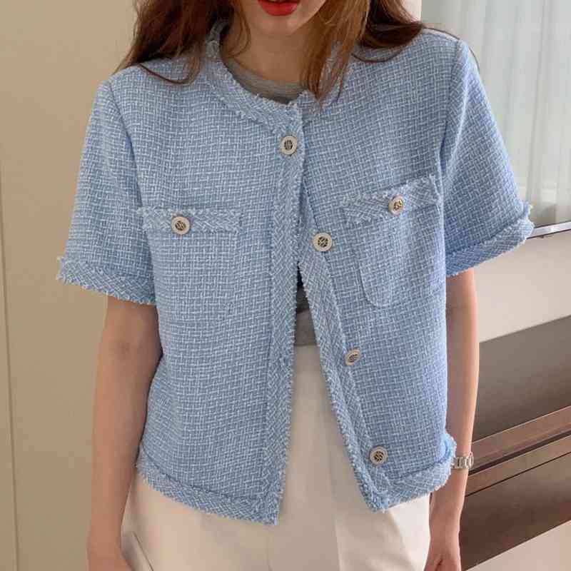 

ZAWFL Fashion Women High Luxury Autumn Elegant Vintage British Ladies Yellow Short-Sleeved Tweed Short Jacket Coat 210525, Picture color