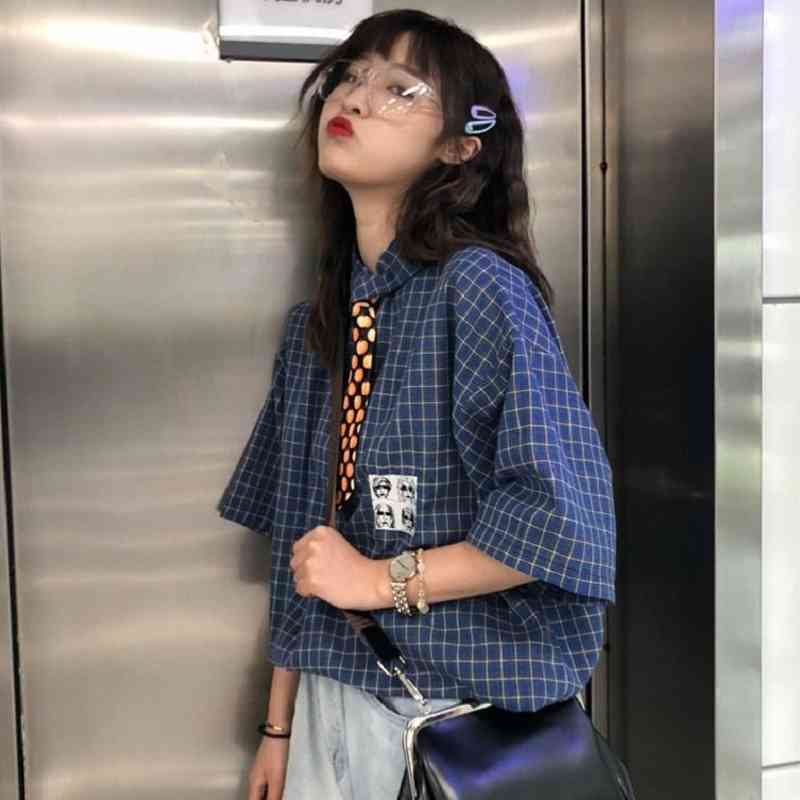 

Summer Harajuku Style Palid Women Blouse Shirt Oversize Button Up Ladies Shirts Tie Short Sleeve Plus Size Female Clothing 210521, Sku