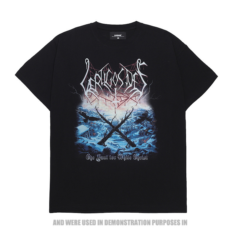 

High street tide tee loose rock band printed short sleeve T-shirt for men, White;black
