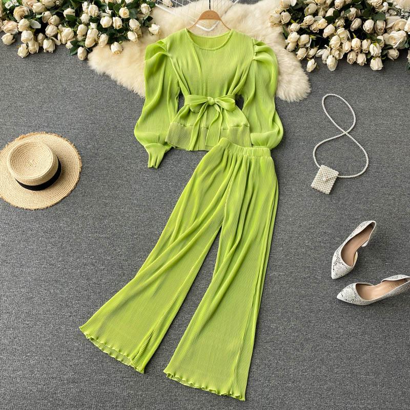 

Women's Two Piece Pants Summer Fashion Round Neck Pleated Chiffon Long Sleeve Tops Shirts + Wide Leg Solid Color Two-piece Sets T341, Green