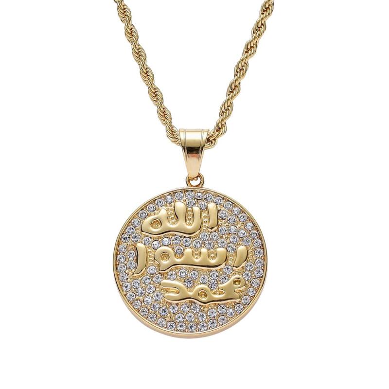Pendant Necklaces Stainless Steel Jewelry Rhinestone Round Muslim Pendants Rope Chain Box Men Women Hip Hop Necklace Gift SN200-image-708526573
