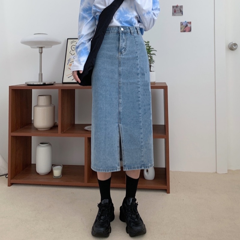 

WERUERUYU Spring Summer Denim Sheath Wrap Skirts Single-Breasted High Waist Pencil Midi Skirt Front Split Womens 210608, Photo color