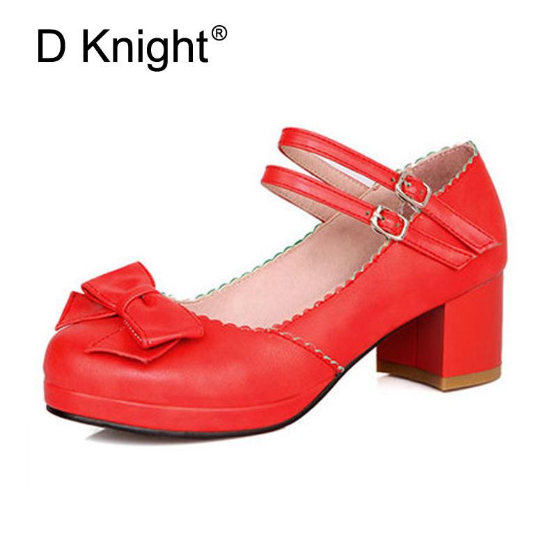 

Sweet Bowtie Women High Heels Pumps Fashion Square Buckle Straps Cosplay Maid Shoes Kawaii Princess Lolita For Girls Dress, Black