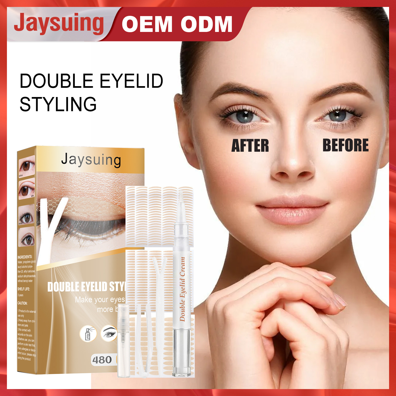 

Free freight Jaysuing OEM ODM Water-adhesive double eyelid stickers invisible lace mesh yarn natural olive type glue-free lasting stereotypes