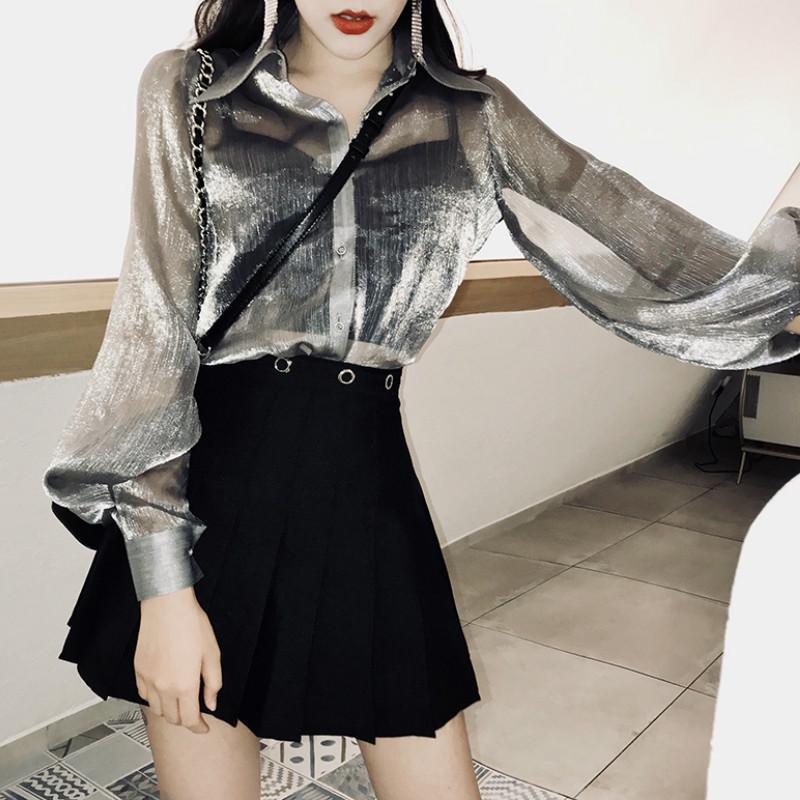 

Women's Blouses & Shirts Chic Shinning Perspective Chiffon Laser Bright Silk Blouse Women Silver Long Lantern Sleeve Tops Blusas Mujer 2021