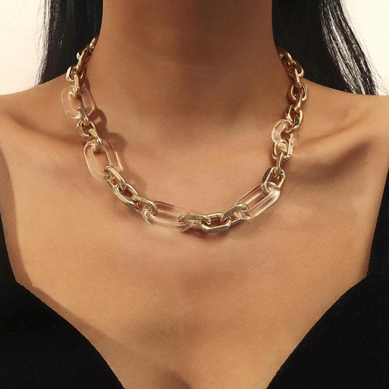 

Chains Transparent Resin Double Alloy Metal Short Clavicle Men Thick Jewelry Gold-plated Chain And Women Fashion Necklace Chai P6L3