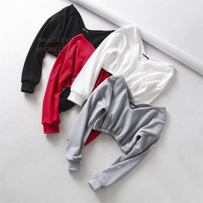 BRADELY MICHELLE Women Sexy Sweatshirt Streetwear Hoodies Hip Pop Crop Top Female Long Sleeve Deep V-neck Pullovers 210927