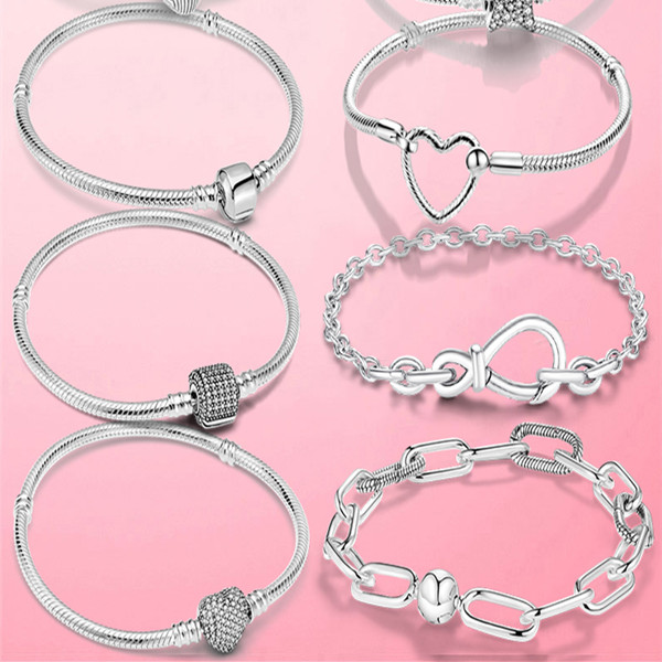 

925 Sterling Silver Heart Snake Chain Bracelet For Women Fit pandora Charm Beads Jewelry