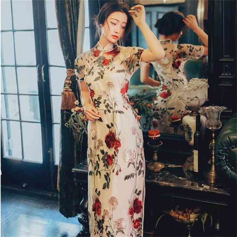 

summer Flora embroidery dress woman Mid-calf female Dress elegant Improved Cheongsam Female Vintage Vestidos De Fiesta 210603, Apricot
