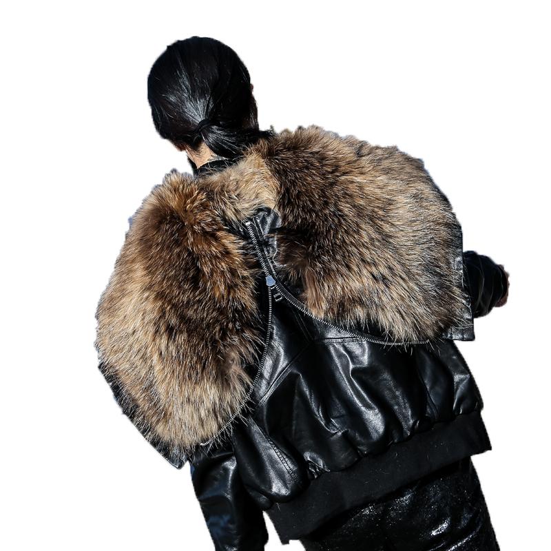 

Women's Leather & Faux Autumn Winter Jacket Women Clothes 2021 Korean Sheepskin Coat Vintage Raccoon Dog Real Fur Genuine ZT1555, Black