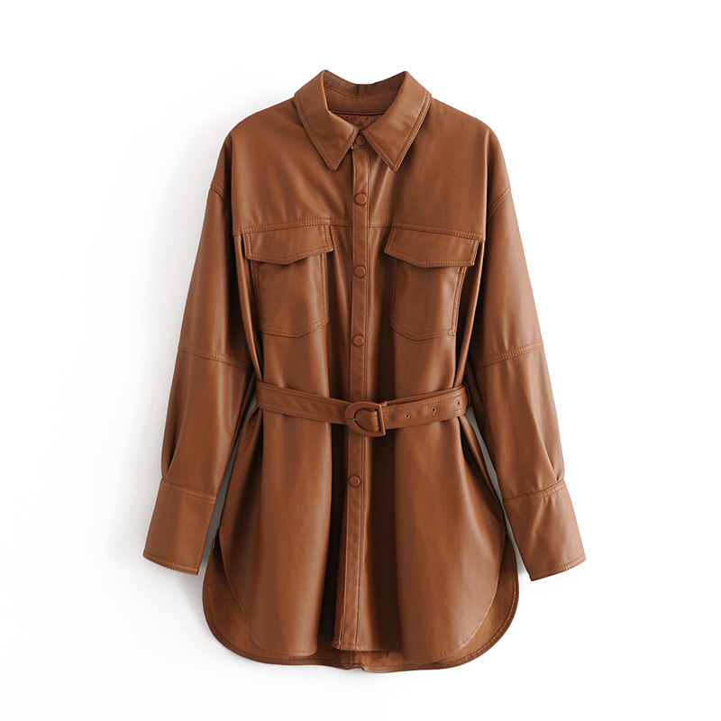 

XNWMNZ za Women Fashion With Belt Faux Leather Loose Jacket Coat Vintage Long Sleeve Pockets Female Outerwear Chic Tops, Brown