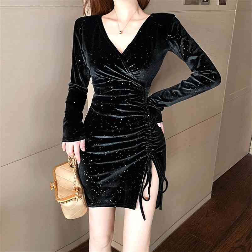 

autumn and winter gold velvet glitter V-neck pleated drawstring long sleeve split dress Office Lady Polyester 210603, Black