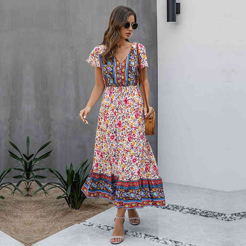 

2021 New Fashion Summer Ladies Floral Print Women Boho Style Short Sleeve V Neck High Waist Button Vacation Long Dress, Green