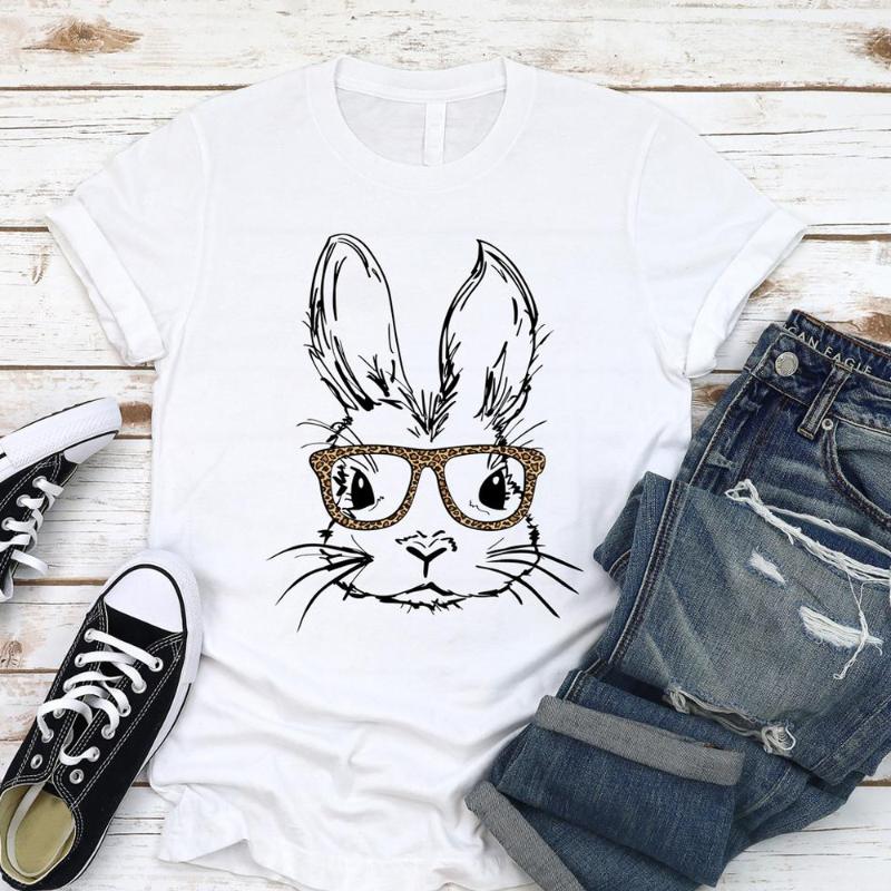 

Women' T-Shirt Easter T Shirt Funny With Leopard Glasses Print Cotton Tees For Day Gift, White