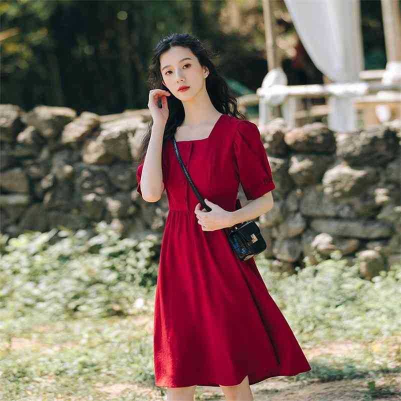 

Vintage Dress Women French Puff Sleeve Square Collar A-line Solid Casual Korean Style Summer es for 210519, Red