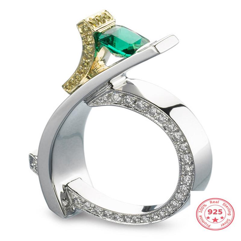 

Cluster Rings 925 Silver Color Princess Diamond Ring For Women Green Emerald Topaz Bizuteria Anillos De Gemstone Jewelry S925, Golden;silver