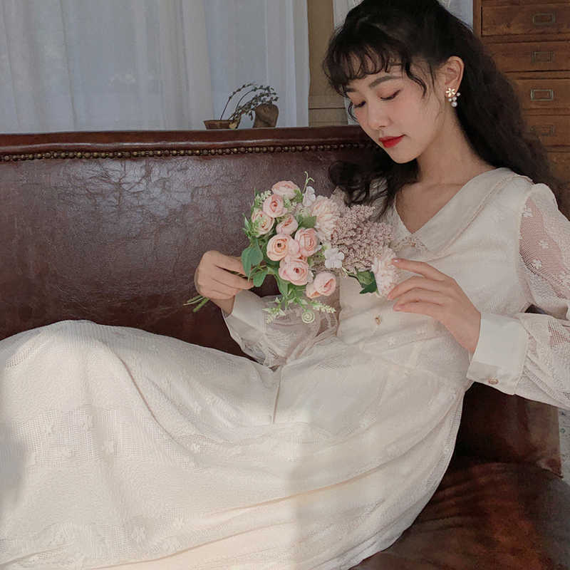 

French Long Fairy Dress Vintage Lace Women Doll Collar Full Sleeve Fall Fashion Female Wedding Party Robe 210604, Apricot