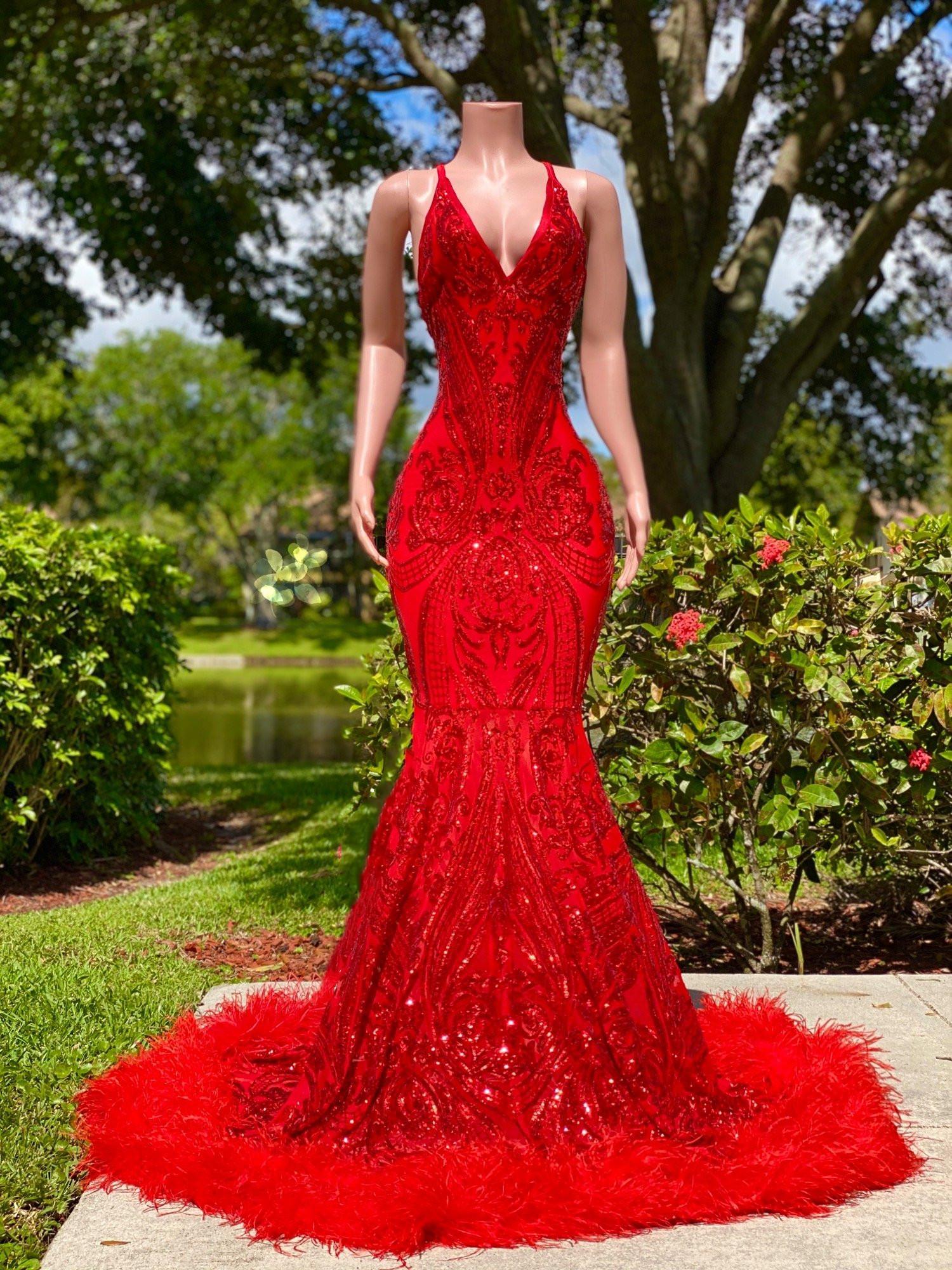 

Arabian Sexy Black Girl Mermaid Prom Dresses Red Sequined Elegant Backless Feather Evening Gowns long Women Formal Dress Robe de soiree, Daffodil
