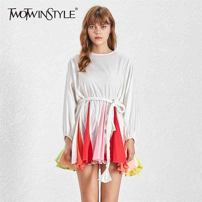 

Spring Hit Color Patchwork Womens Dress O Neck Puff Sleeve Bandage Pleated Dresses Female Casual Fashion 210520, White