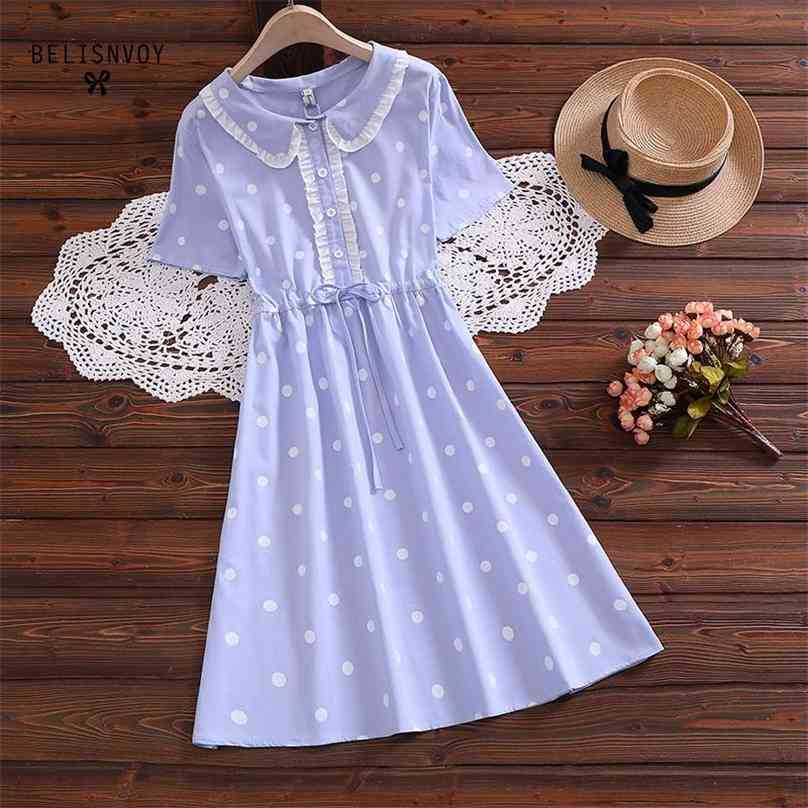 

Summer Preppy Style Women Cute Dress Peter Pan Collar Yellow Pink Lace Up Short Sleeve Cotton Sweet Girl' 210520
