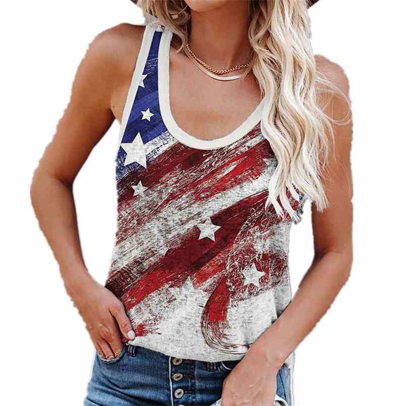 

American Flag Clothing Summer Star Print Sexy V-neck Sleeveless Tshirt Loose Casual Pullover Workout Tank Top for Women Big Size 210604, Style 1