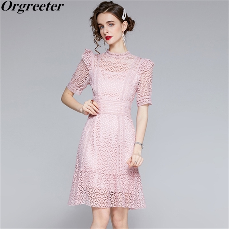 

Sweet Pink Lace Dress for Women Summer Fashion Simple Design Solid Water-soluble Hook Flower Hollow Female 210602, Blue