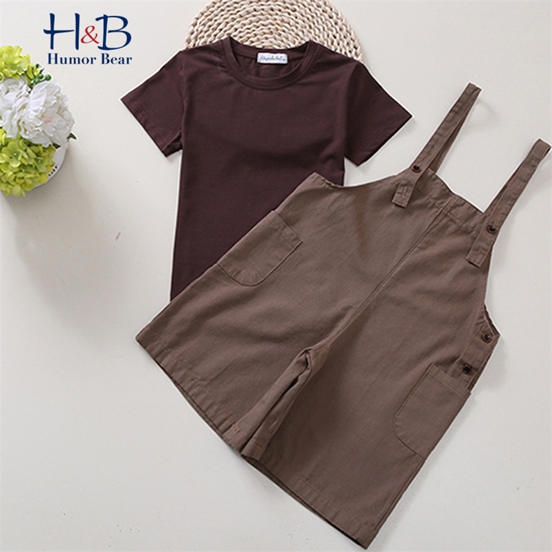 

Girl Clothes Set Summer Short Sleeve Solid Color Printed Top +Overall Jumpsuit 2Pcs Cute Infant Kids 210611, Bz2525 brown