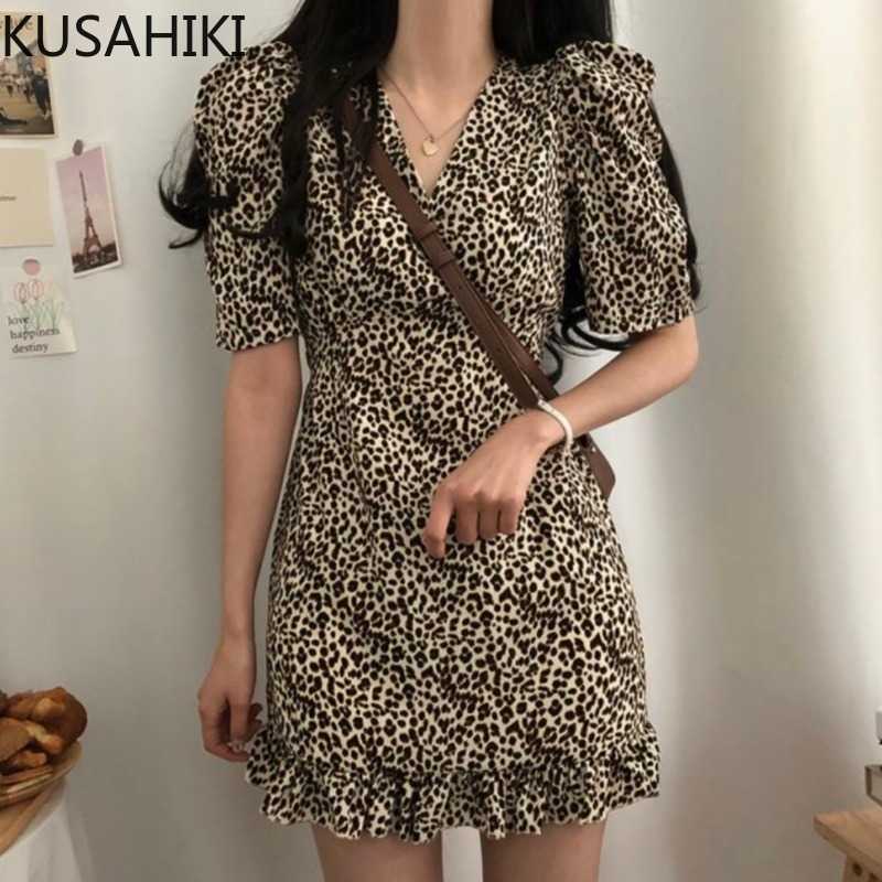 

KUSAHIKI Korean Leopard V-neck Dresses Women Puff Sleeve Chic Ruffle Mini Dress Summer Slim High Waist Vestidos Femme 6H669 210602, Black