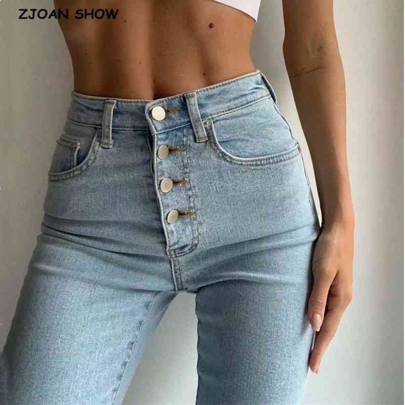 

Vintage Skinny Four Buttons High Waist Pencil Jeans Women Slim Fit Stretch Denim Pants Full Length Denim Tight Trousers 210616, Black