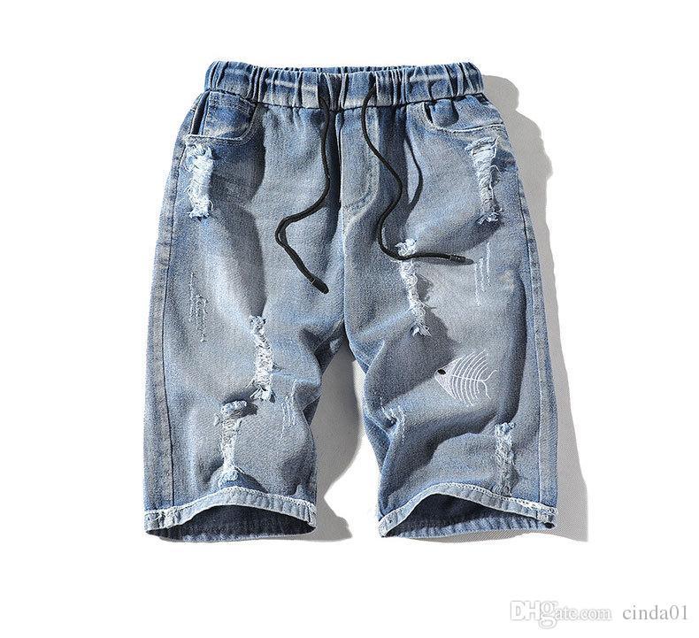 

mens elastic waist pattern knee length jeans casual straight softener fashionable popular style five-cent jeans, Blue