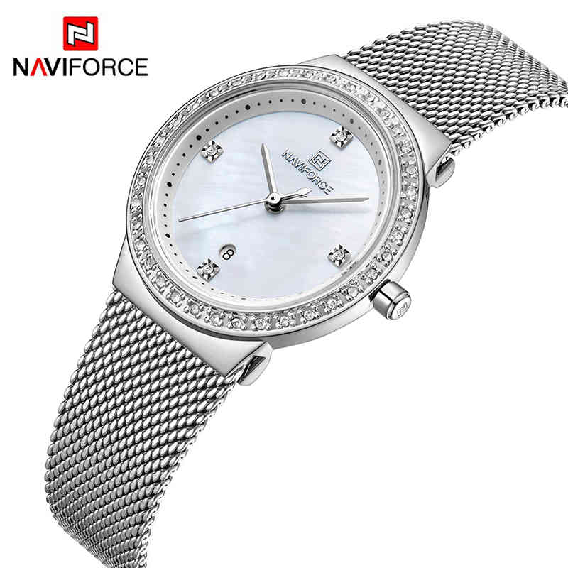

Luxury Diamond Ladies Watches Top Brand NAVIFORCE Mesh Steel Quartz Wrist Watch Female Calendar Creative Design Reloj Mujer 210517, Silver white