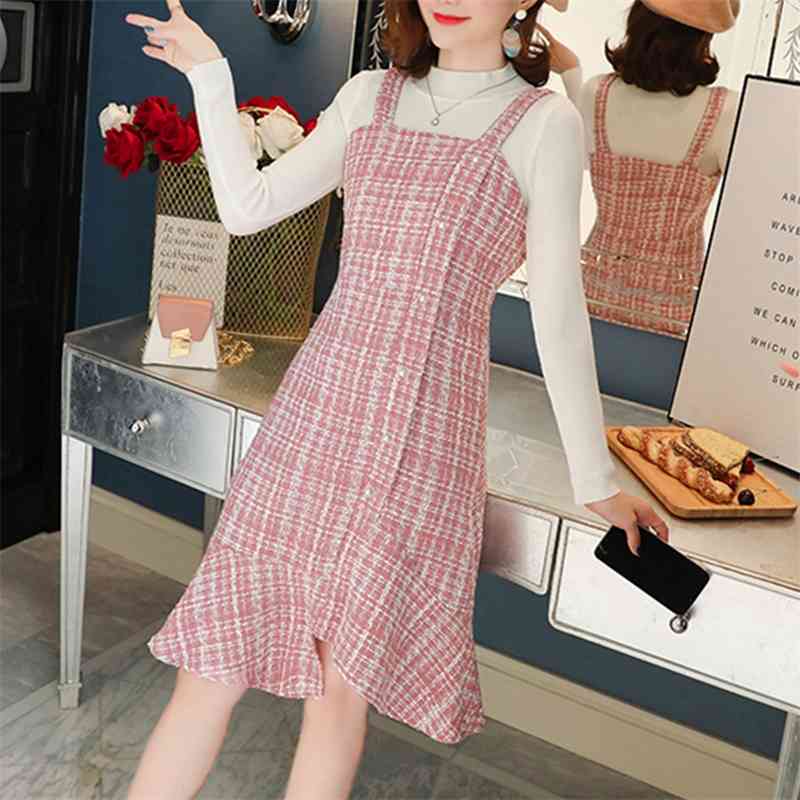 

Autumn Winter Two Piece Mermaid Dress Set Casual White Sweater Knitting Top + Woolen Tweed Plaid 210520, Photo color
