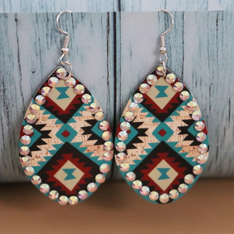 

Dangle & Chandelier Western Fashion AB Crystal Encircle Teardrop Leather Earrings For Women Aztec Style Zigzag Pattern Statement Wholesale