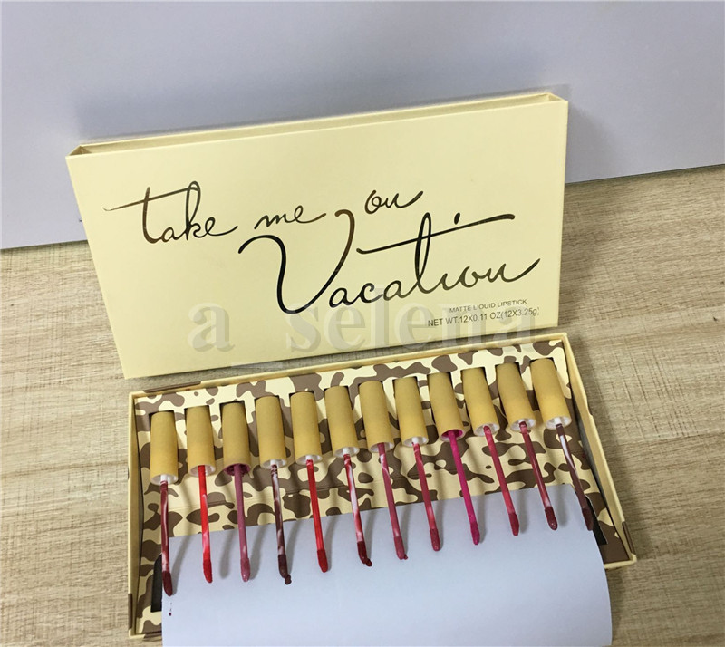 

Lips Makeup Set 12 Colors Lip gloss Take Me On Vacation Matte Liquid Lipstick 12pcs lipgloss Kit, Mixed color with logo