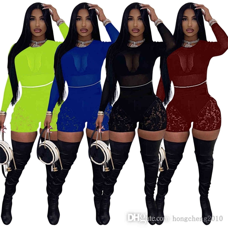 

2022 Autumn Women Two Piece Short Pants Outfits Sexy Long Sleeve Mesh Top Lace Breathable Casual Shorts Plus Size Clubwear Sportswear, Mix colors