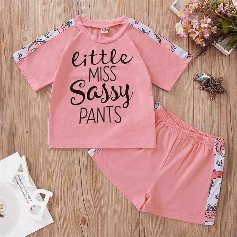 

Autumn Children Sets Casual Long Sleeve O Neck Letter T-shirt Pink Patchwork Shorts 2Pcs Girls Clothes 0-24M 210629