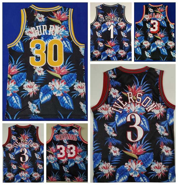 

Floral Basketball Jersey Penny Hardaway Dwyane Wade Allen Iverson Stephen Curry Alonzo Mourning All Stitched Black Top Quality, 30 curry