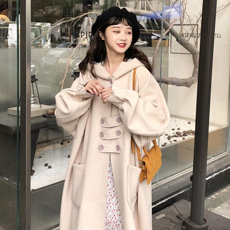 

Women' Wool & Blends 2021 Coat Female Autumn Over Knee Korean Student Long Winter Woolen Middle Loose, Ivory
