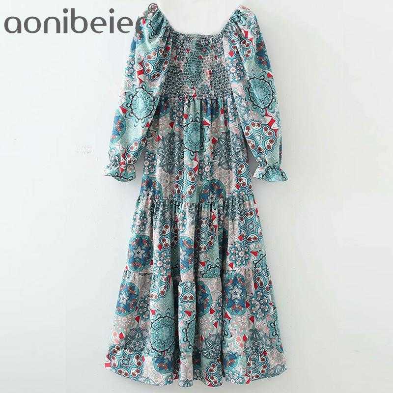 

Fashion Printed Summer Female Casual Skater Dress Puff Sleeve Shirred Body High Waist Tiered Midi for Women 210604, 01