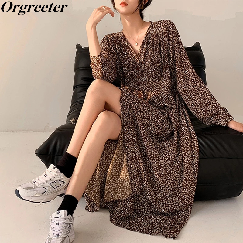 

Spring V-neck Floral Printted Knee-length Dress Long-sleeved Autumn Casual Single-breasted Women 210525, Brown