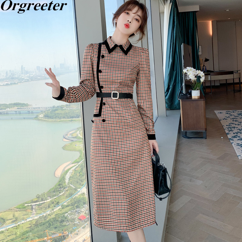 

Spring Retro Design Slim Plaid Dress Women Temperament Lapel Velvet Patchwork Side buttons Deco Office Lady Casual Dres 210525, Khaki