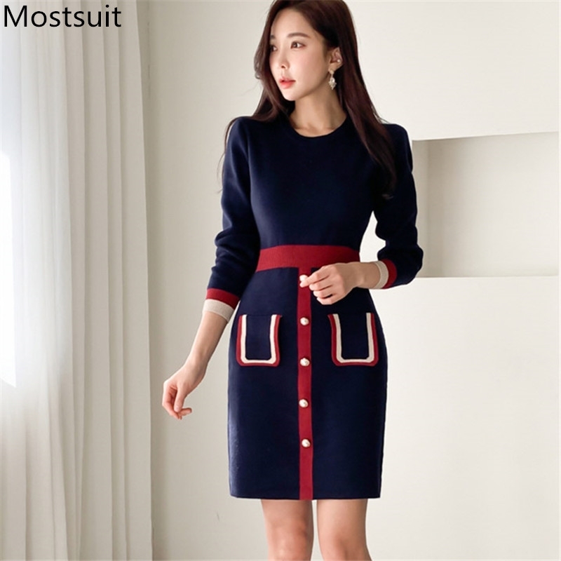 

Spring Knitted Color-blocked Sweater Dress Women Long Sleeve O-neck Buttons Korean Elegant Fashion Female Dresses Vestidos 210518, White